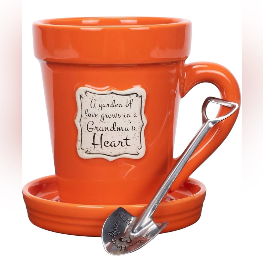 Orange Flower Pot Mug with Spoon Gift for Grandma - Picture 2 of 2